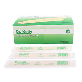Dr. Kelly Wooden Tongue Depressor Sterile - Sterile wooden medical tool used to depress the tongue to allow for examination of the mouth and throat.