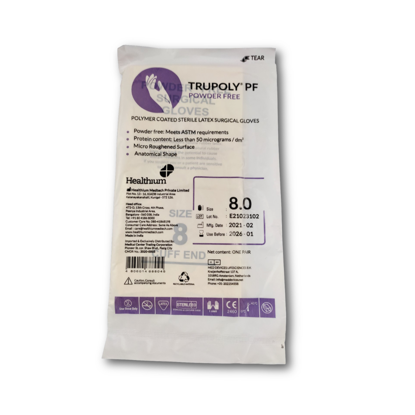 Trupoly Surgical Gloves Powder Free - Powder-free surgical gloves for hygiene and protection (8.0).