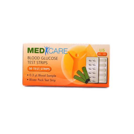 Medicare Blood Glucose Strips, 50's - Pack of 50 strips for accurate blood glucose monitoring.